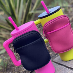 Black and Pink Pouches on Pink and Chartreuse Tumblers