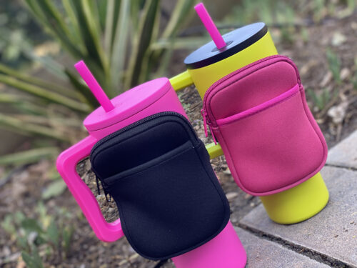 Black and Pink Pouches on Pink and Chartreuse Tumblers